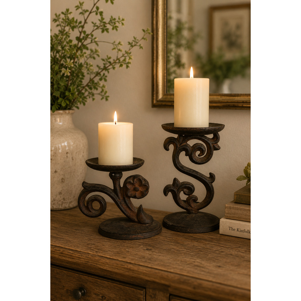 Set of 2 Cast Iron Pillar Candle Holders Flower and Swirl Design